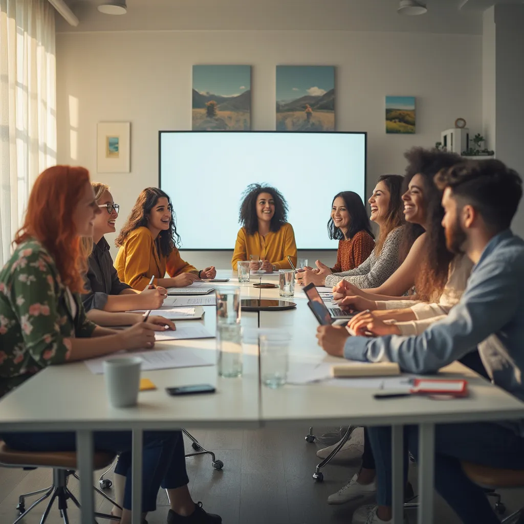 Equipa a colaborar numa sala de reuniões moderna