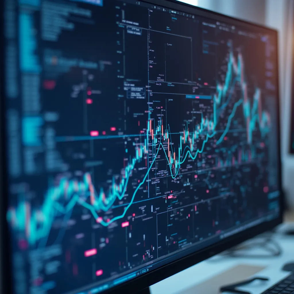 Close-up de ecrã com gráficos financeiros e código de IA
